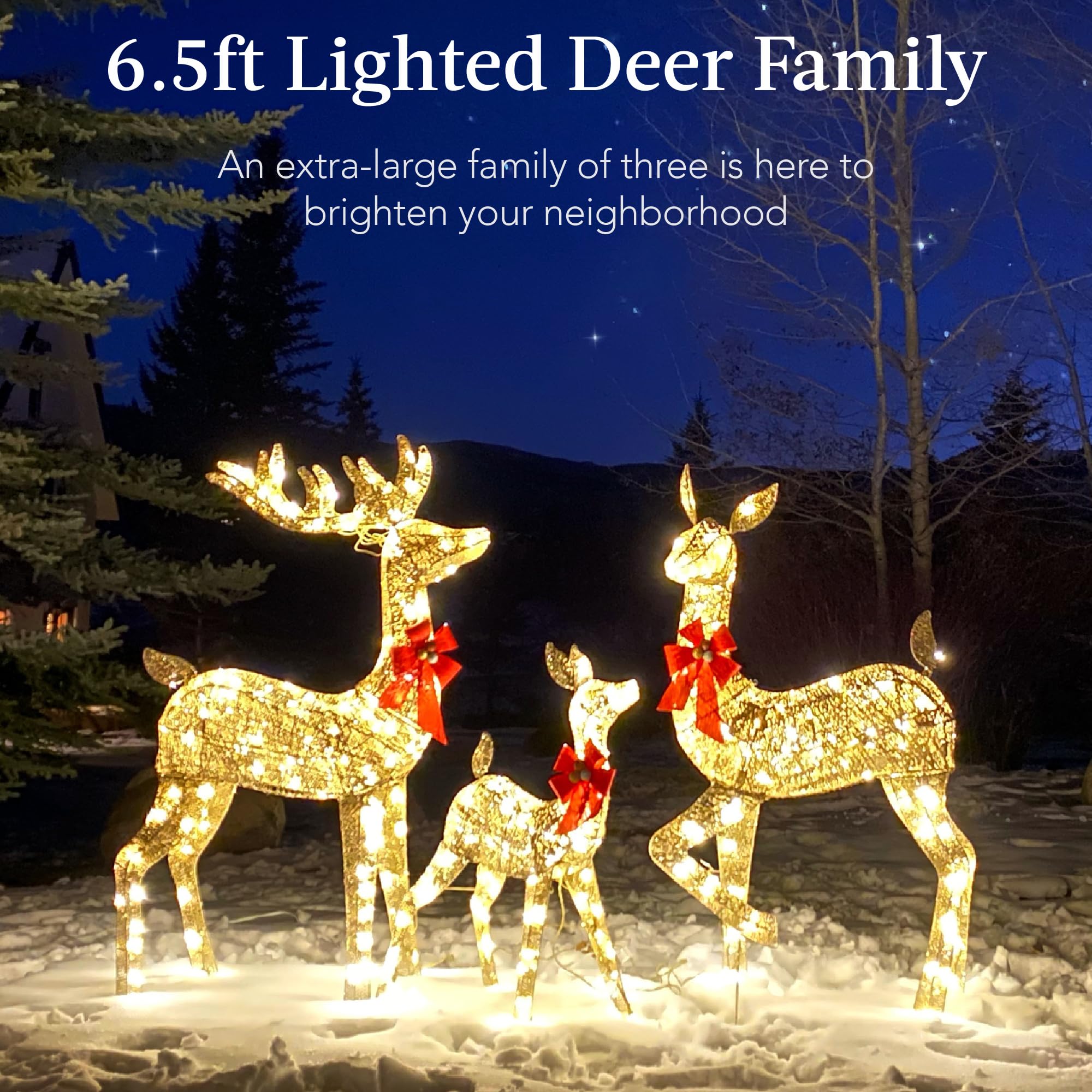 6.5ft 3-Piece Large Lighted Christmas Deer Family Set, Outdoor Yard Decoration with 385 LED Lights, Stakes, Zip Ties - Gold