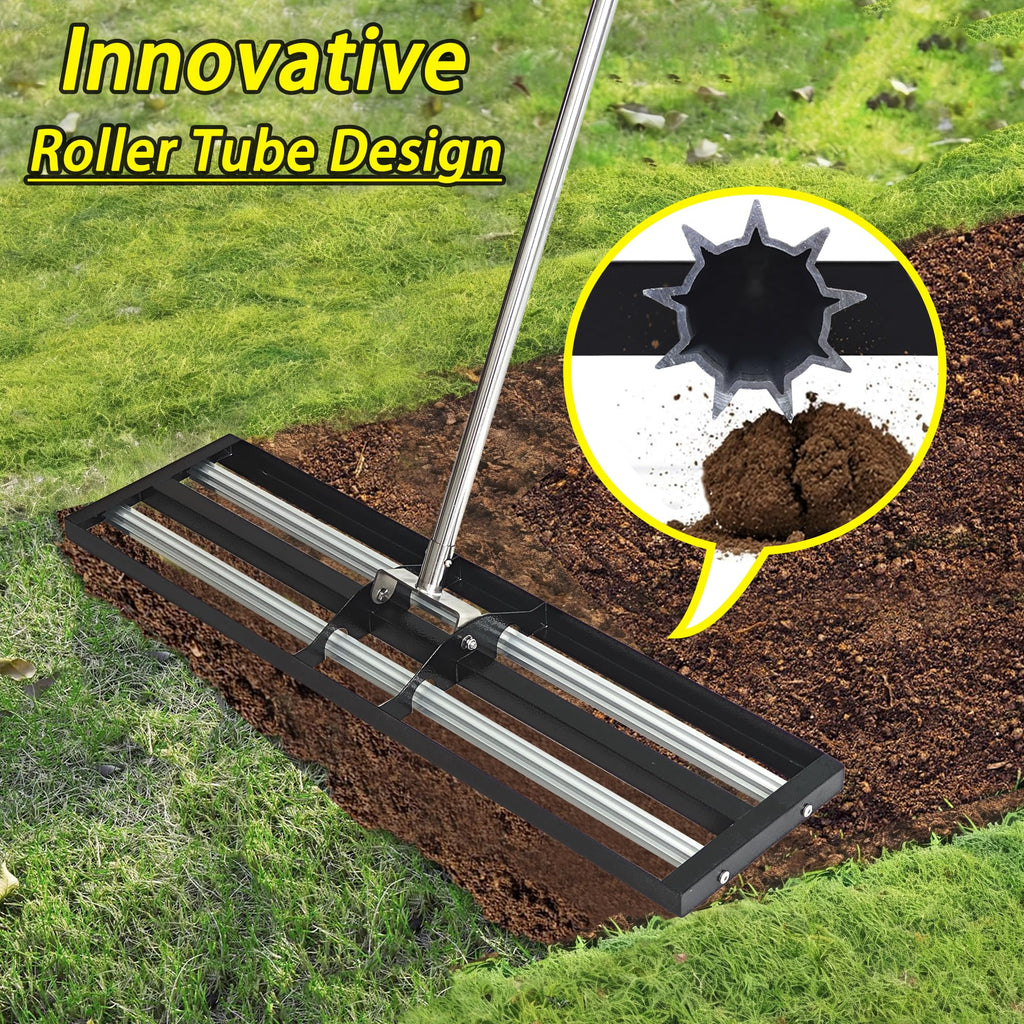 36"x10"Lawn Leveling Rake with Aluminum Rollers, Stainless Steel Yard Lawn Leveler Tool with Adjustable Long Handle, Yard Leveling Rake Suit, Levelawn Tool for Soil, Grass, Golf Course, Garden, Farm
