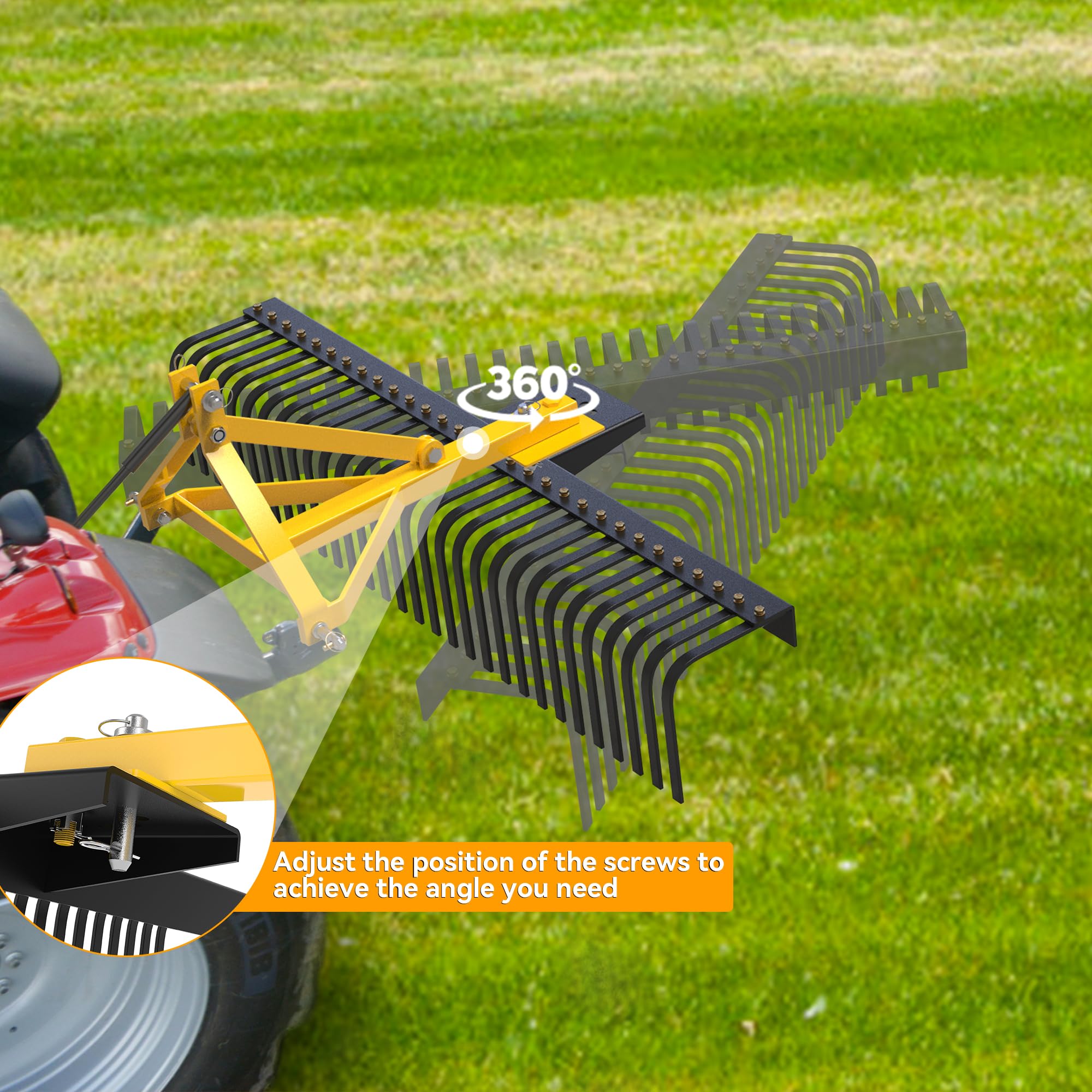 3 Point Rock Rake, Landscape 3 Point Rake for Tractor, 60", Black & Yellow