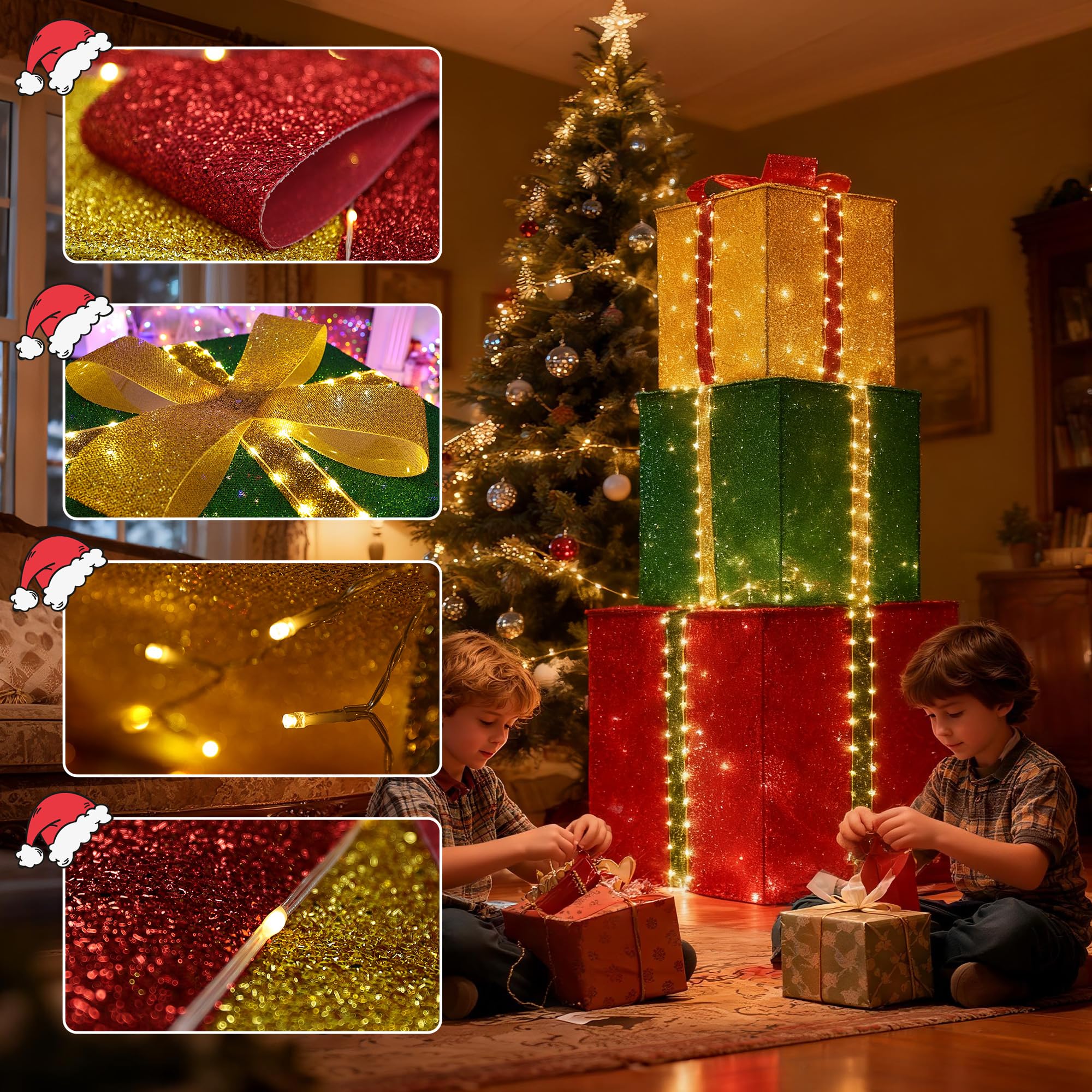 Christmas Decorations Outdoor - Set of 3 Larger Lighted Gift Boxes with Timer, Foldable Pre-Lit Gift Boxes for Xmas Tree, Yard, Holiday, Indoor Outdoor Christmas Decorations