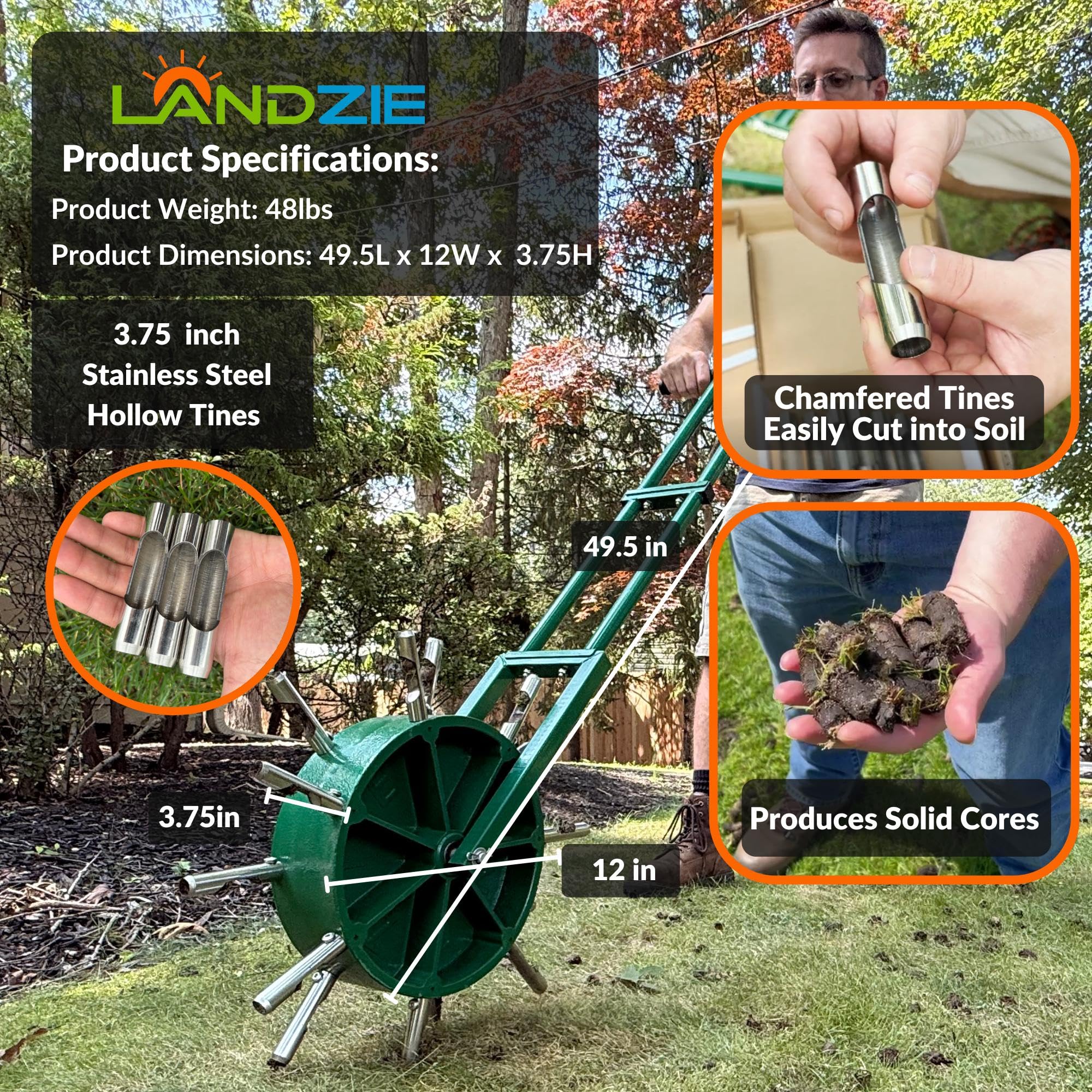 AeroCore Duo Rolling Lawn Aerator – Manual Core Plug Aerator with Chamfered Hollow Tines – Heavy-Duty 38.8 Pound Wheel Aerator Lawn Tool – Push Yard Aerator Aeration Tool