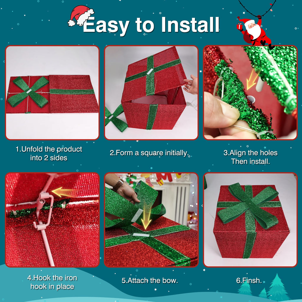 Christmas Decorations Outdoor - Set of 3 Larger Lighted Gift Boxes with Timer, Foldable Pre-Lit Gift Boxes for Xmas Tree, Yard, Holiday, Indoor Outdoor Christmas Decorations