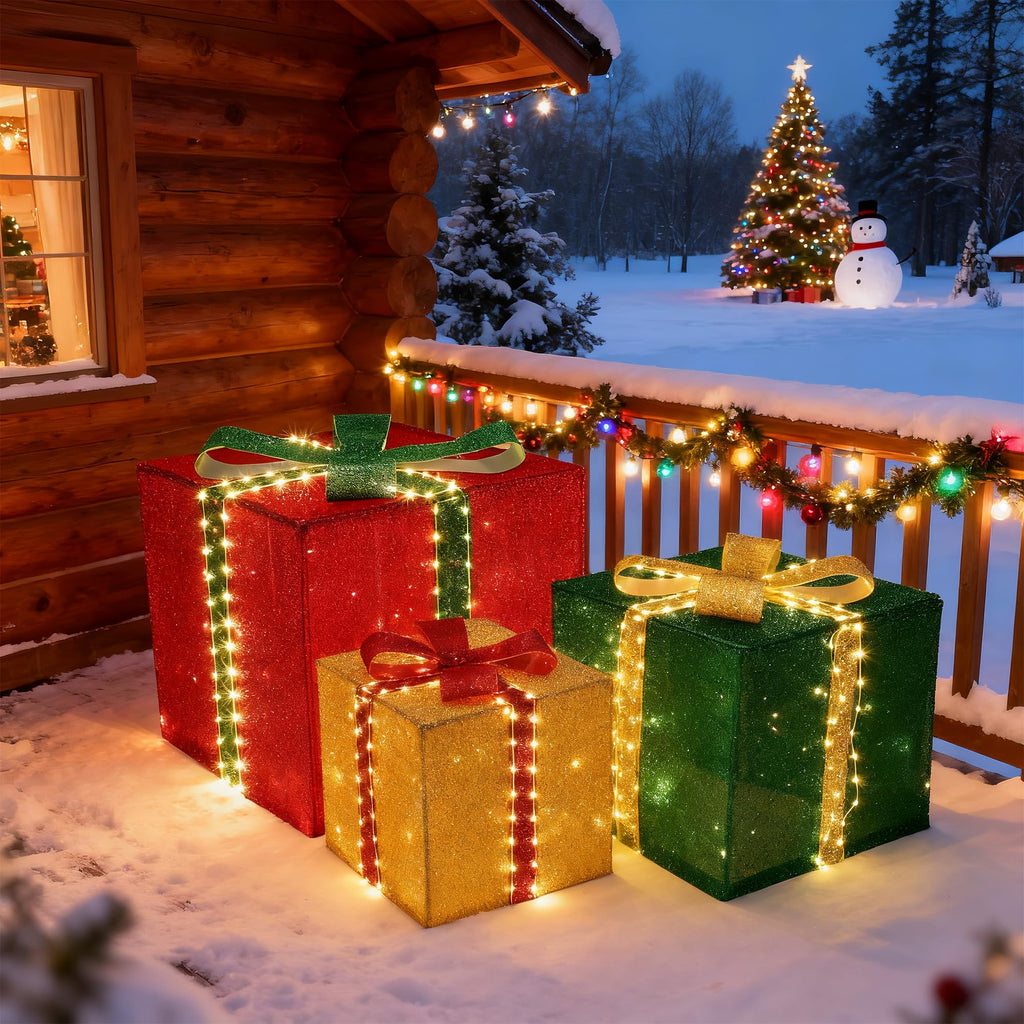 Christmas Decorations Outdoor - Set of 3 Larger Lighted Gift Boxes with Timer, Foldable Pre-Lit Gift Boxes for Xmas Tree, Yard, Holiday, Indoor Outdoor Christmas Decorations